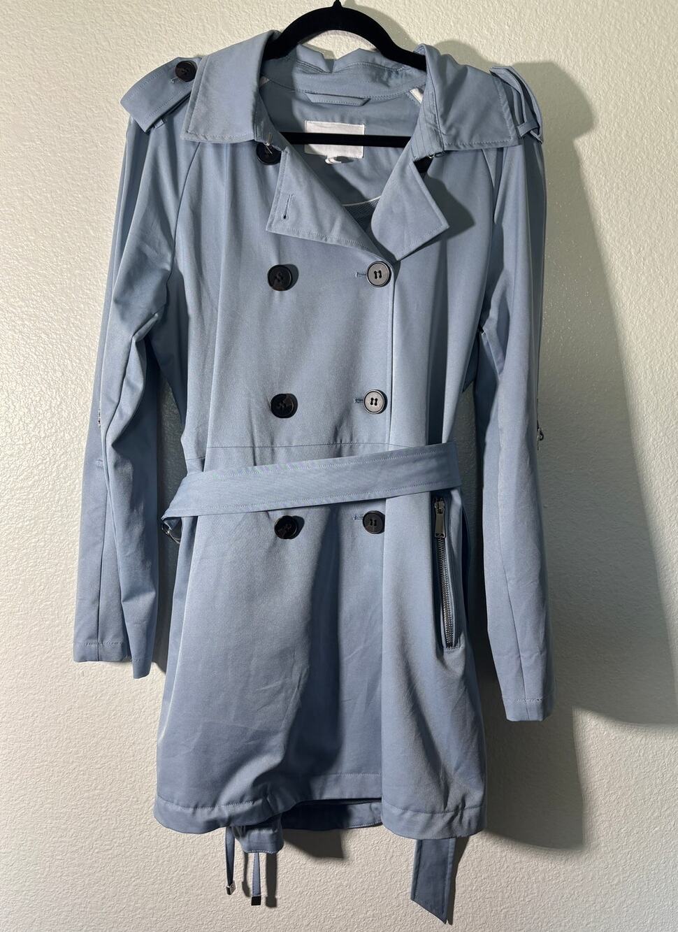 BCBGeneration Size L Double-Breasted Roll-Sleeve Trench Coat - Light Blue